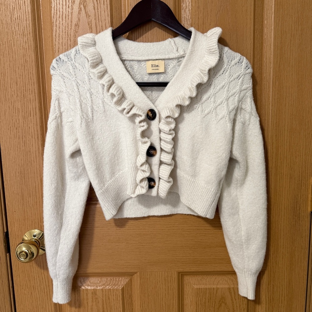 Elie Tahari White Ruffled Cropped Cardigan